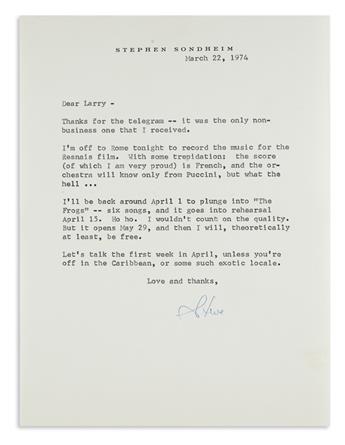 SONDHEIM, STEPHEN. Archive of 77 items Signed, or Signed and Inscribed, to his friend Larry Miller,